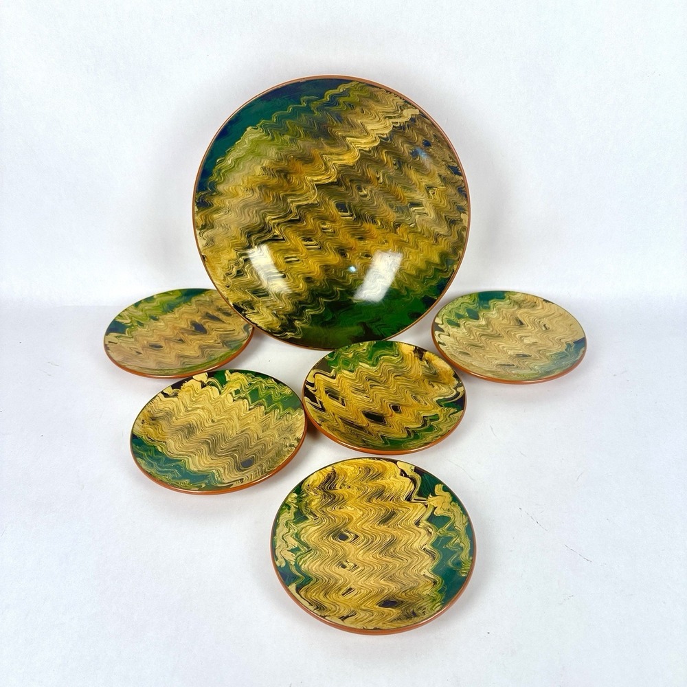 Plastic Yellow Green Brown  Marble patterned Bowl And 5 Salad Plates Melamine?